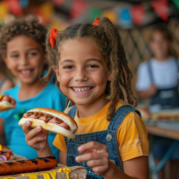 A smiling girl with dreadlocks and red bows holds a Hi Five hotdog with ketchup and mustard.