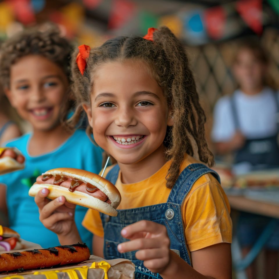 A smiling girl with dreadlocks and red bows holds a Hi Five hotdog with ketchup and mustard.