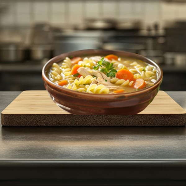 A bowl of chicken noodle soup with carrots and parsley on a wooden cutting board.